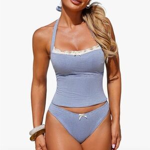 Zaful Blue Gingham Ruffled Halter Tankini Set Tummy Control LG FITS LIKE MED NWT